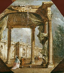 Capricho de una Locura con una Pareja Elegante y un Perro de Francesco Guardi