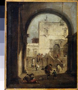 "" Capricho veneciano: un lugar y un palacio "" (Capriccio veneciano: vista de una plaza y un palacio) Pintura de Francesco Guardi (1712-1793) 1775-1780 Dim. 27x23 cm Museo del Hermitage, San Petersburgo