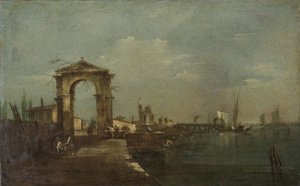 Paisaje con un muelle y barcos en un lago