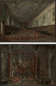 El Papa Pío VI descendiendo del trono para despedirse del Dogo en el Salón de SS. Giovanni e Paolo, 1782 y Ceremonia pontificia en SS. Giovanni e Paolo, Venecia, 1782 (par)