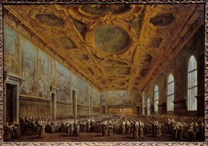 El Dogo de Venecia agradece al Consejo Mayor. La escena tiene lugar en el Palacio Ducal en la Plaza de San Marcos en Venecia.