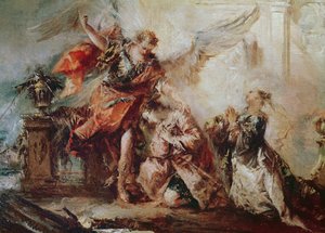 El matrimonio de Tobías, (detalle) de la pareja Sara y Tobías ante el intermediario de Rafael dando gracias a Dios, c.1750 de Francesco Guardi