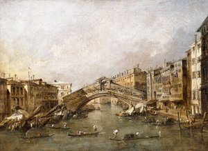 El Puente de Rialto, Venecia, con góndolas en primer plano de Francesco Guardi