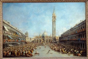 El dogo de Venecia Alvise IV llevado por los gondoleros después de su elección en la Plaza de San Marcos en 1763. Pintura de Francesco Guardi de Francesco Guardi