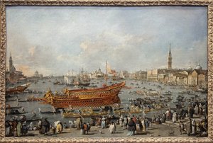 El inicio del Bucentauro hacia el Lido de Venecia en el Día de la Ascensión, el Dogo participa en el gran evento de las celebraciones de la Ascensión, la boda de Venecia con el Adriático conmemorando la conquista de Dalmacia en el siglo XIV