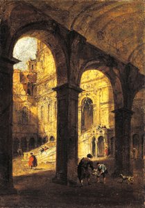 Vista del patio del Palacio Ducal y de la Escalera de los Gigantes, en Venecia, hacia 1780, de Francesco Guardi (1712-1793), óleo sobre lienzo, 26x39 cm.