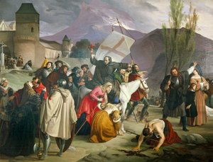 Pedro el Ermitaño montando una mula blanca con un crucifijo en la mano y predicando la Cruzada de Francesco Hayez