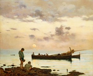 Puerto deportivo con barca de pesca y niños, de Francesco Lojacono (1838-1915), óleo sobre lienzo, 64x77 cm