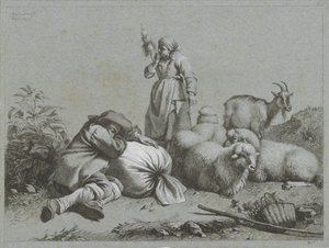 Pastor y pastora con ovejas y cabras Escenas de pastores (título de la serie) de Francesco Londonio