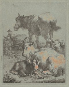 Caballo, carnero, cabra con cabrito, en la distancia un pastor con rebaño, 1759 de Francesco Londonio