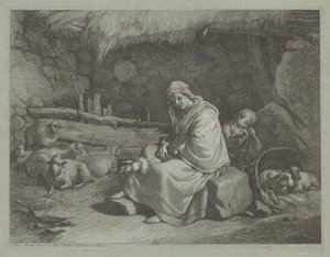Interior de un establo con una hilandera sentada y un niño dormido de Francesco Londonio