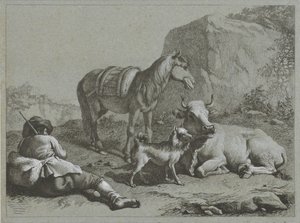 Pastor reclinado con caballo, vaca y perro Escenas de pastores (título de la serie)