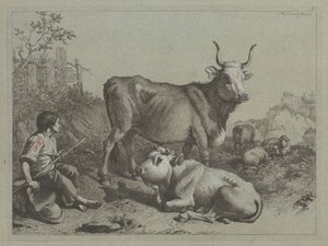 Pastor sentado con un toro y un buey de Francesco Londonio
