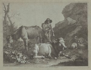Pastor descansando en un bastón con un caballo viejo y un toro reclinado de Francesco Londonio