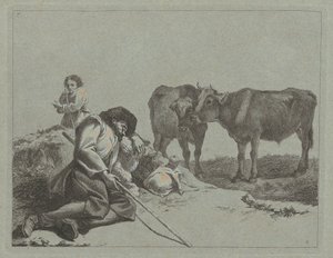 Pastor durmiendo, dos terneros y una campesina de Francesco Londonio