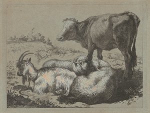 Buey de pie, dos ovejas y una cabra, c. 1762 de Francesco Londonio