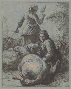 Mujer hilandera y un pastor con rebaño, 1758-1759