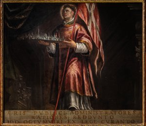 San Vicente con una maqueta de la ciudad de Vicenza de Francesco Maffei
