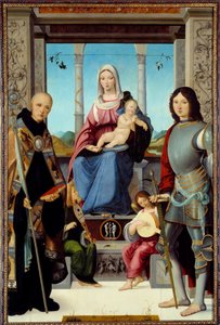 La Virgen y el Niño rodeados por San Benito de Nursia y San Quintín con dos ángeles de Francesco Marmitta