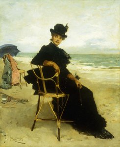 Una dama sentada en una veranda