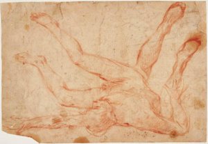 Un desnudo masculino reclinado sobre su espalda con las piernas levantadas, y un estudio de un par de piernas levantadas vistas desde atrás de Francesco Montelatici