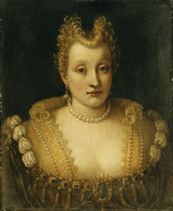 Retrato de una Dama Dicha de la Familia Contarini, Busto, con un Vestido Elaborado con Joyas y un Collar y Aretes de Perlas de Francesco Montemezzano