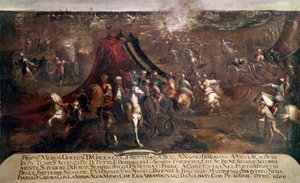 Guerra de Candia (Creta): "batalla entre la flota veneciana de Francesco Morosini (1619-1694) y la flota turca huyendo en 1650" (Guerra de Creta (1645-69): la batalla entre la flota veneciana y turca en 1650) Pintura de Francesco Monti dit il Bresciani de Francesco Monti