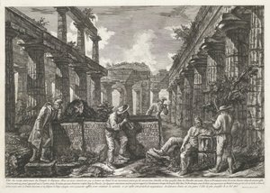 Impresión de título con restos del Templo de Neptuno en Paestum con título en bloques Diferentes vistas de los restos de tres grandes edificios que siguen en pie en Paestum (título de la serie) Différentes vues de quelques restes de trois grands édifices q de Francesco Piranesi