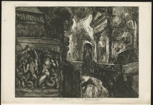 Titelprent met tempel en bouwfragmenten
Pompeia Volumen Uno (título en el objeto)
Gran frontispicio del primer volumen de las Antigüedades de Pompeya / Templo quemado por segunda vez / Guerra de los gigantes contra Júpiter (título en el objeto) de Francesco Piranesi