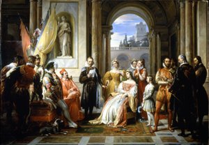 Torquato Tasso (Le Muche) leyendo su Jerusalén liberada (La gerusalemme liberata) en la corte de Ferrara. Pintura de Francesco Podesti (1800-1895)