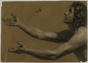 Joven mirando hacia arriba con los brazos extendidos (anverso); mujer sosteniendo un espejo (reverso)