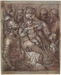 La Virgen María y el Niño Jesús con Juan el Bautista como niño, Bernardino de Siena (?), Catalina de Siena, el arcángel Miguel y un santo barbudo de Francesco Rustici