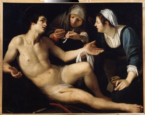 San Sebastián (San Sebastián). Es cuidado de sus heridas por una joven viuda, Santa Irene. Pintura de Francesco Rustici (hacia 1575-1626). Óleo sobre lienzo, 119 x 148 cm. Arte de Siena, Manierismo Italiano. Museo Estatal de Arte, Ekaterimburgo. de Francesco Rustici