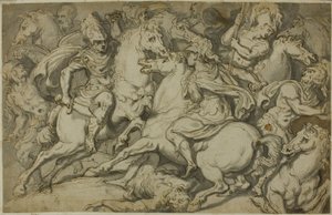 Escaramuza de caballería (anverso); Ecorché arrodillado (reverso) de Francesco Salviati