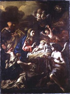 Natividad con ángeles adoradores y anunciación a los pastores