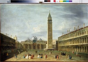 Plaza de San Marcos (San Marco) (o Piazzetta) en Venecia con la Basílica de San Marcos y el Campanile. (La plaza de San Marcos en Venecia). Pintura de Francesco Tironi (1745-1797). Óleo sobre lienzo, 72 x 109 cm. Arte veneciano del siglo XVIII. Arca del Mu