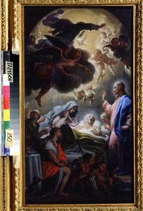 La muerte de José (la muerte de José). Representación de la Santísima Trinidad: Jesucristo, Dios y la paloma del Espíritu Santo (Espíritu Santo). Pintura de Francesco Trevisani (1656-1746). Óleo sobre lienzo, 69,5 x 39,5 cm