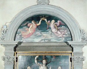 SS. Benedicto, Domingo y Sebastián (detalle de la luneta) de Francesco Ubertini Il Bacchiacca