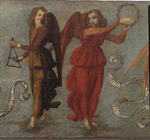 Ángeles tocando la pandereta y el triángulo, c.1475-97 (detalle) de Francesco attr. to Botticini