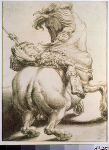 Jinete atravesado por una lanza. Dibujo de Francesco de Rossi (1510-1563). Grisalla sobre papel, 20 x 15 cm de Francesco de Rossi Salviati