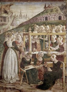 Alegoría de marzo, detalle del triunfo de Minerva con mujeres tejiendo (detalle) - fresco de Francesco del Cossa, Ferrara, Palazzo Schifanoia, Salone dei Mesi de Francesco del Cossa