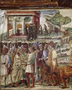 Alegoría del mes de julio, detalle del triunfo de Júpiter, una escena de boda (detalle) - fresco de Francesco del Cossa, Ferrara, Palazzo Schifanoia, Salone dei Mesi de Francesco del Cossa