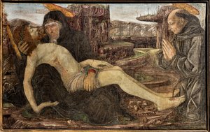Lamentación con cliente representado como San Francisco, por Francesco del Cossa de Francesco del Cossa