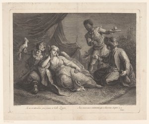 mujer, acostado, en, un, alfombra Escenas de la obra de teatro Zaire de Voltaire (título de la serie) de Francesco del Pedro