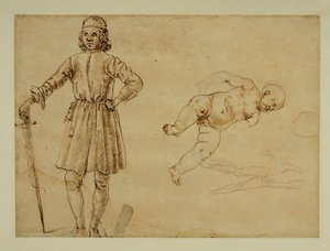 Un niño sentado;hombre de pie sosteniendo una espada ...