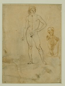 Un joven desnudo, de pie; el niño Jesús; retrato femenino vuelto hacia la derecha ...