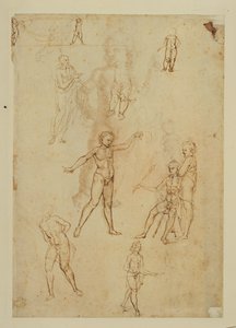 Estudios de figuras. Pluma y tinta marrón, plumín metálico Papel de color rosa ... de Francesco di Simone (attr. to)