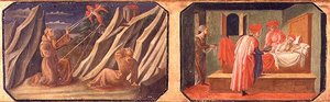 San Francisco de Asís recibiendo los estigmas, SS. Cosme y Damián curando a un hombre enfermo; copias de paneles originales que forman parte de la Predela de la Madonna y el Niño en el Trono de Filippo Lippi de Francesco di Stefano Pesellino