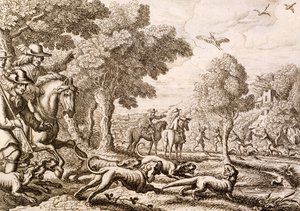 Caza de nutrias junto a un río, grabado por Wenceslaus Hollar, 1671 de Francis Barlow