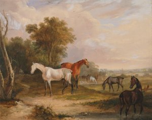 Caballos pastando: un semental gris pastando con yeguas en un prado de Francis Calcraft Turner